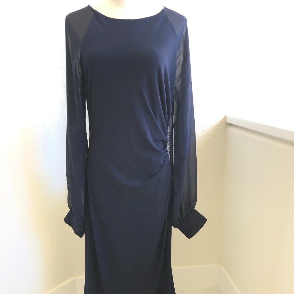 Eliza J Navy Blue Maxi Dress 12 Long Sheer Slit Sleeve Beaded Formal Wedding